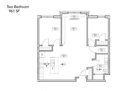 Floor plan for 2 beds, 1 bath, 961 sqft